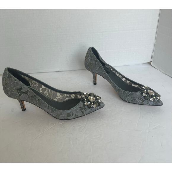 Dolce & Gabbana Taormina Lace Crystal Embellished Pointy Toe Low Heel Pumps 6.5 - Picture 5 of 14